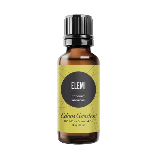 Edens Garden Elemi essential oil bottle for diffusion and skin support.