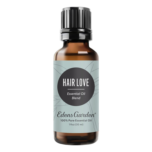 Edens Garden Hair Love bottle label, premium essential oil blend for daily aromatherapy.