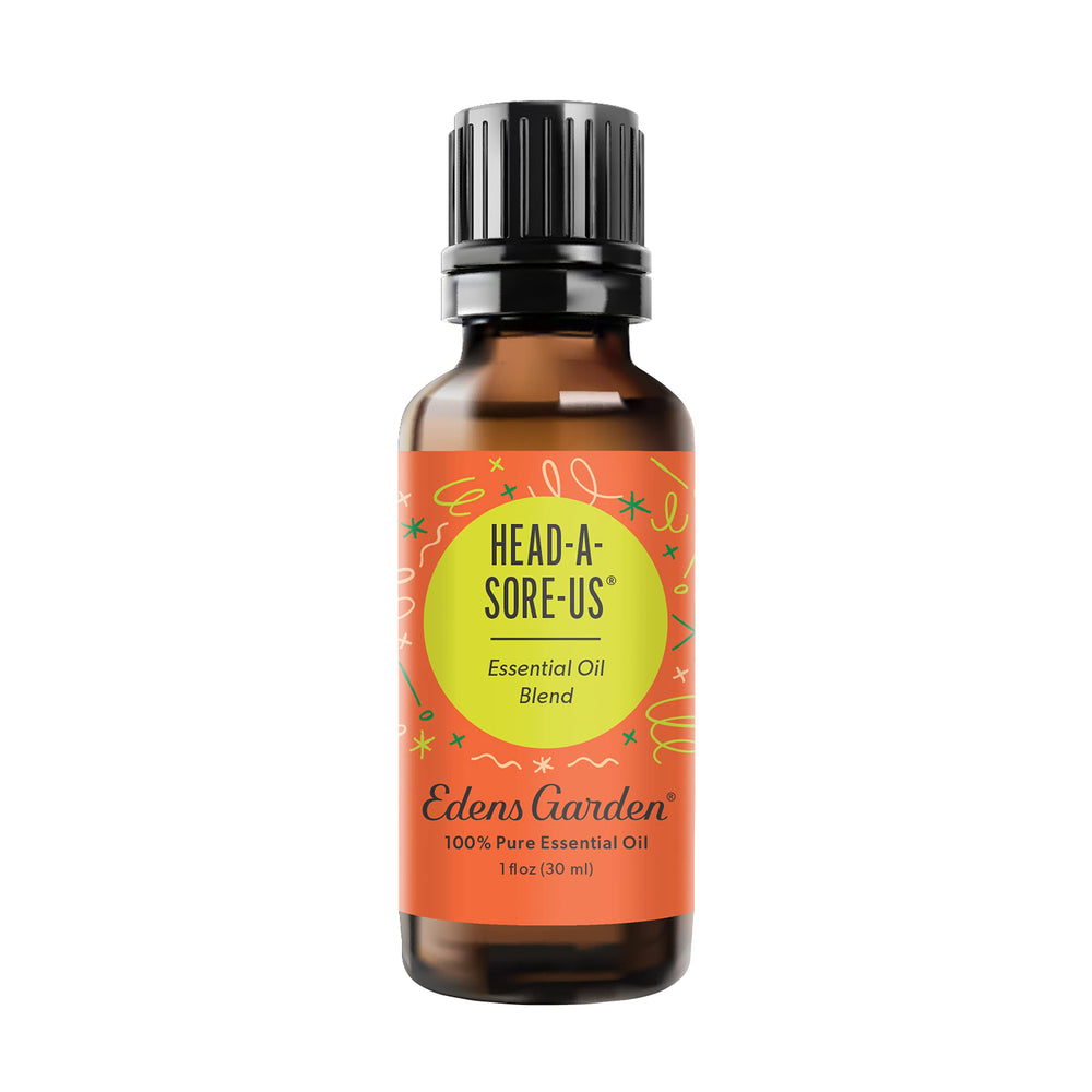 Edens Garden Head-A-Sore-Us bottle close-up showing pure essential oils for wellness routines