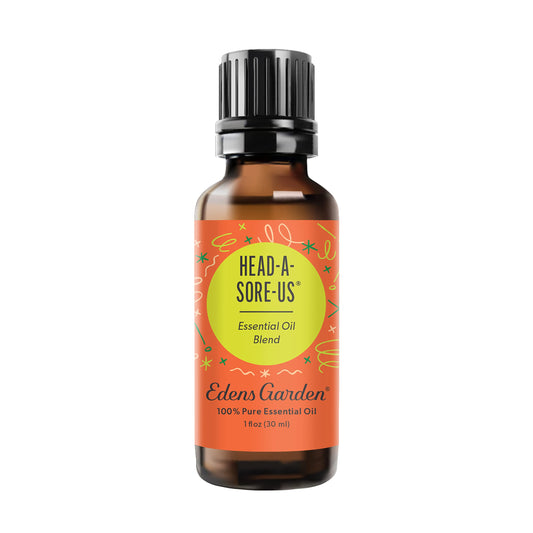 Edens Garden Head-A-Sore-Us bottle close-up showing pure essential oils for wellness routines
