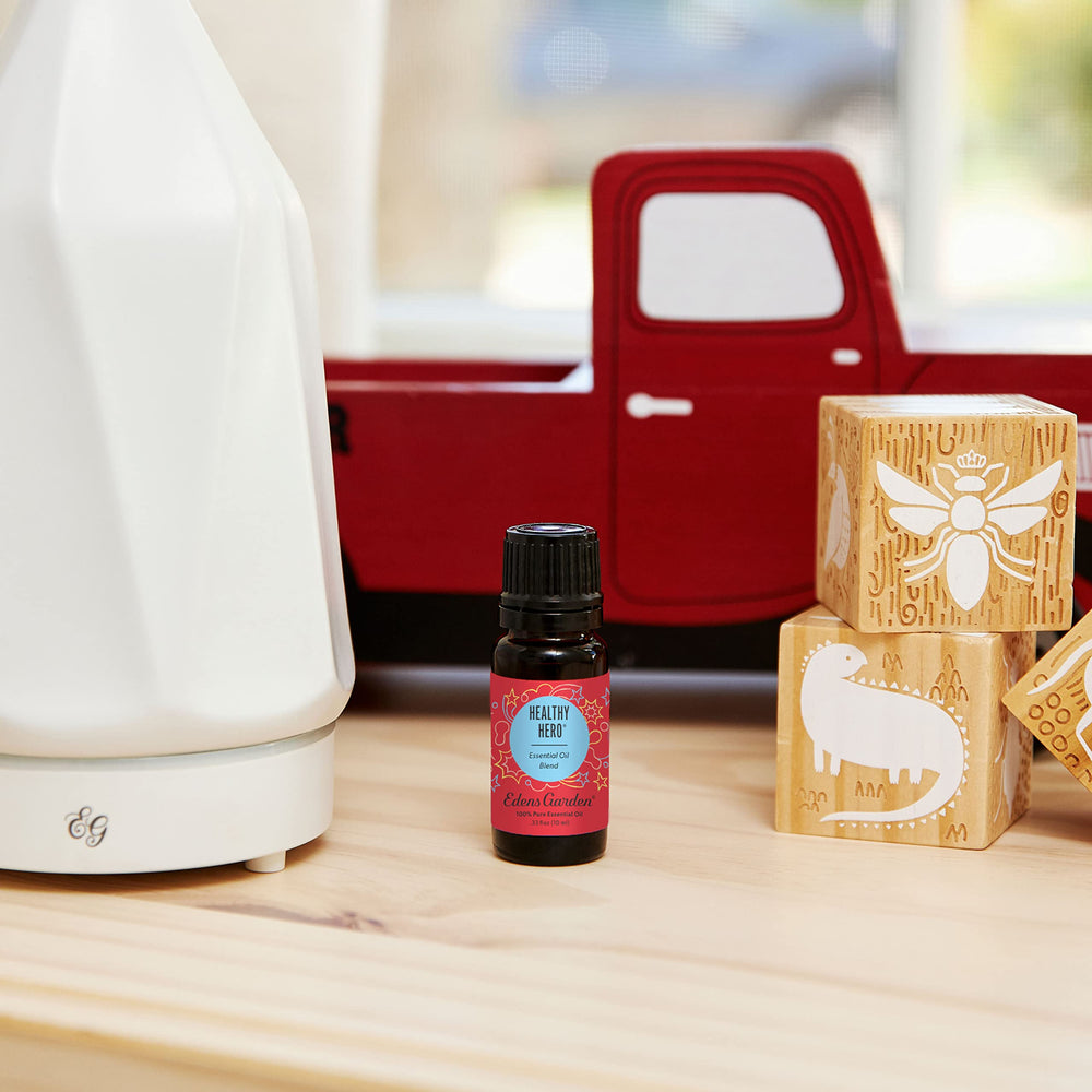 Edens Garden Healthy Hero label close-up showing pure essential oil blend