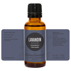 Edens Garden Lavandin closeup label emphasizing authenticity and purity.
