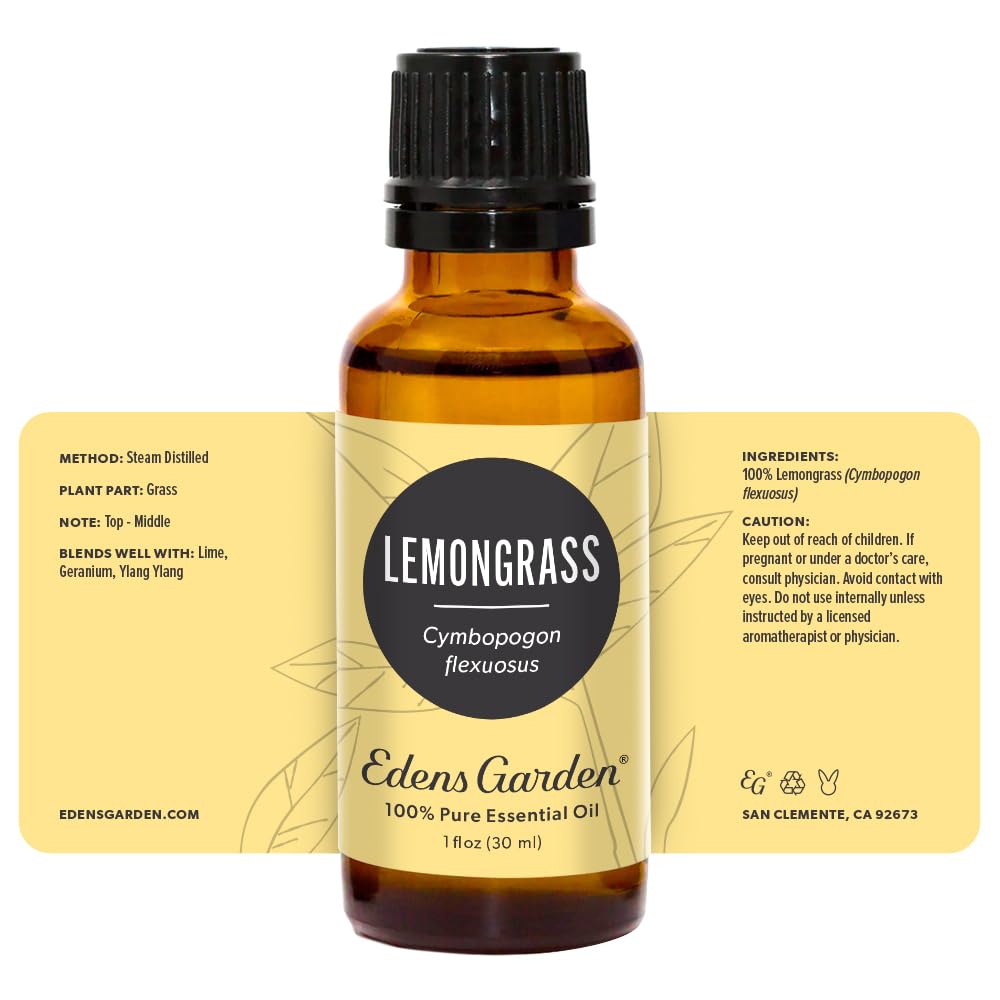 Edens Garden lemongrass packaging showcasing purity and batch details.
