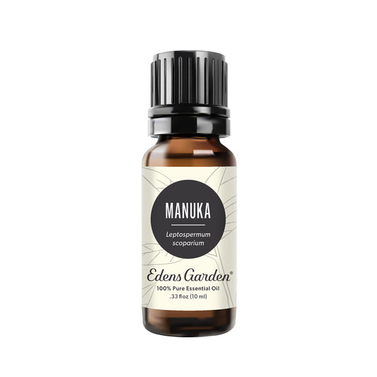 Edens Garden Manuka essential oil bottle highlights earthy aroma for daily diffusion.