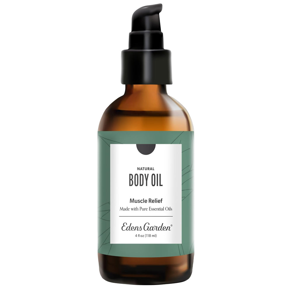 Edens Garden Muscle Relief bottle pour shows a cooling, post-workout massage option.