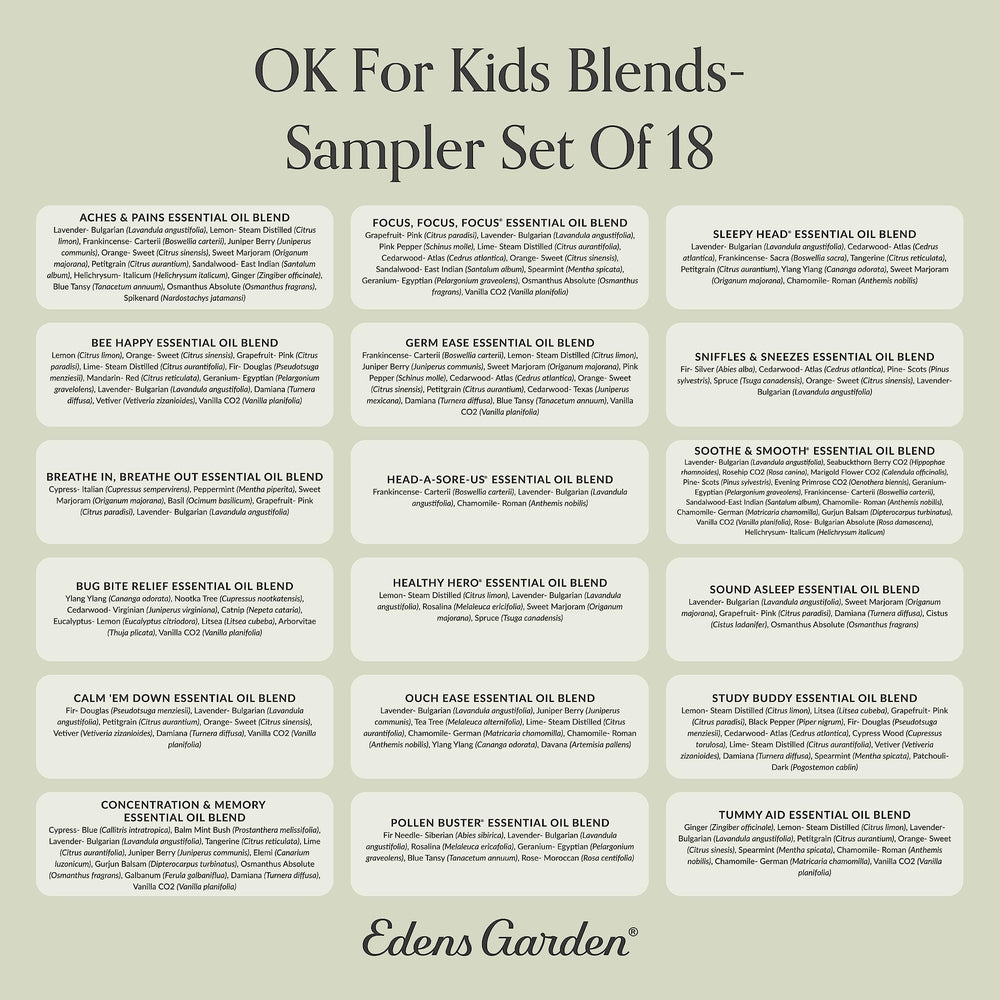 Edens Garden OK For Kids Sampler aromatherapy setup supporting family routines.