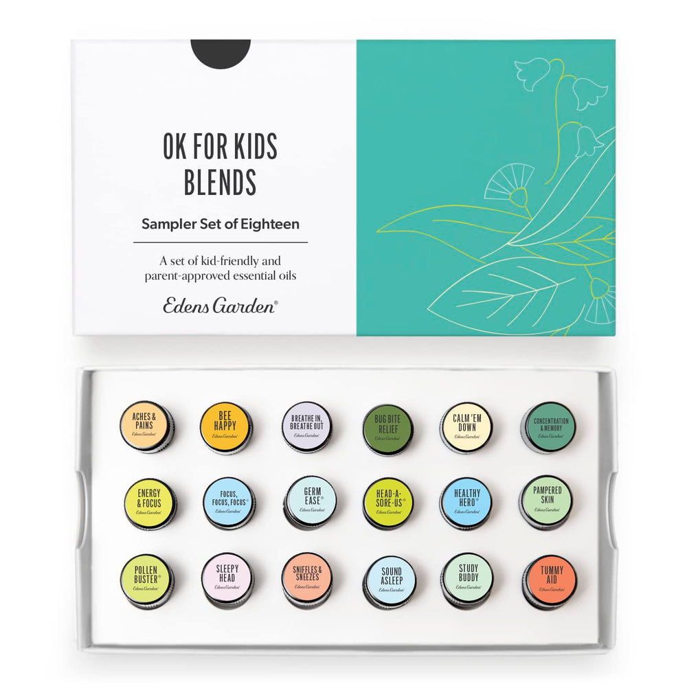 Edens Garden OK For Kids Sampler box front showing family-friendly packaging for gentle aromatherapy.