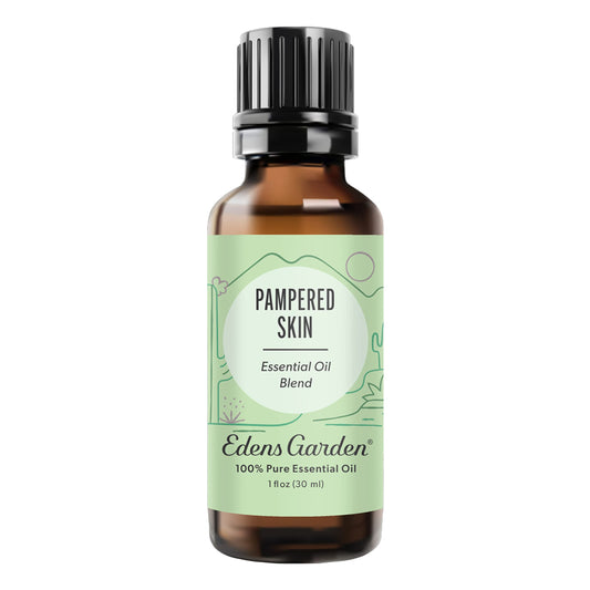 Edens Garden Pampered Skin bottle closeup for calming skincare rituals