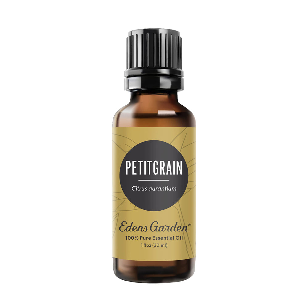 Edens Garden Petitgrain essential oil bottle for calming aromatherapy.