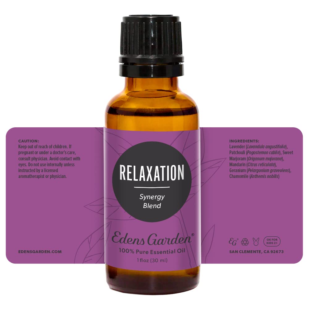 Edens Garden Relaxation bottle on tray beside towels, spa-like routine.