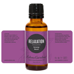 Edens Garden Relaxation bottle on tray beside towels, spa-like routine.