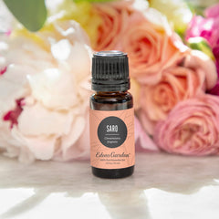 Edens Garden Saro label closeup highlighting pure, premium oil quality for aromatherapy.