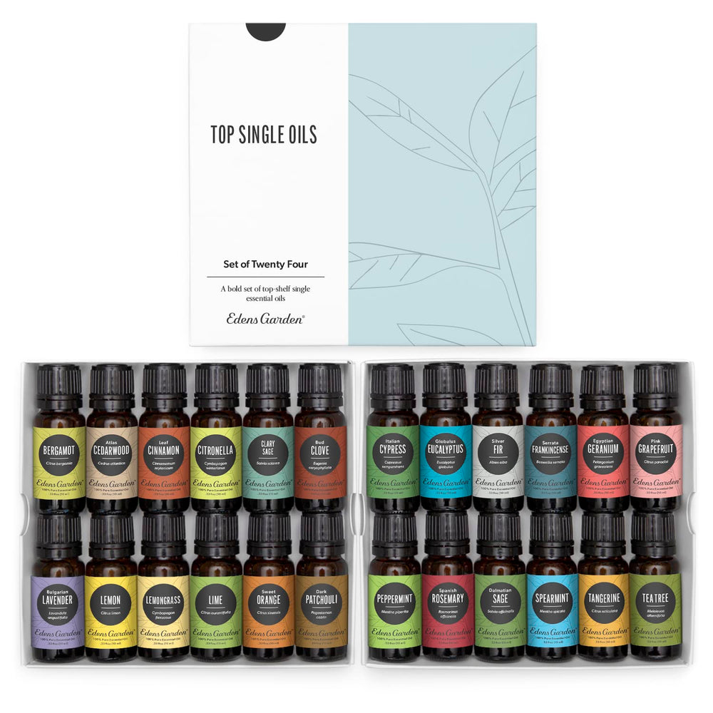 Edens Garden Top 24 set bottles closeup for diffusion and topical use