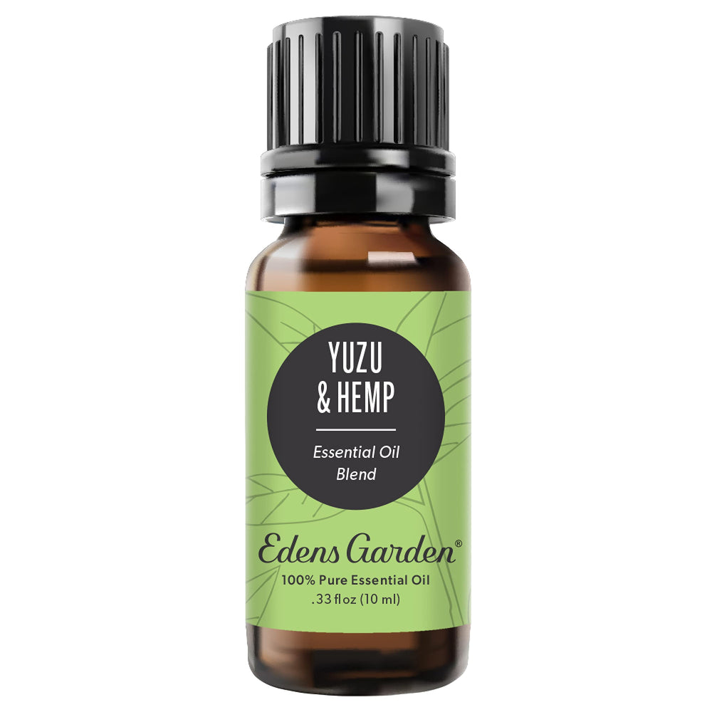 Edens Garden Yuzu & Hemp bottle label close-up, ideal for diffusing