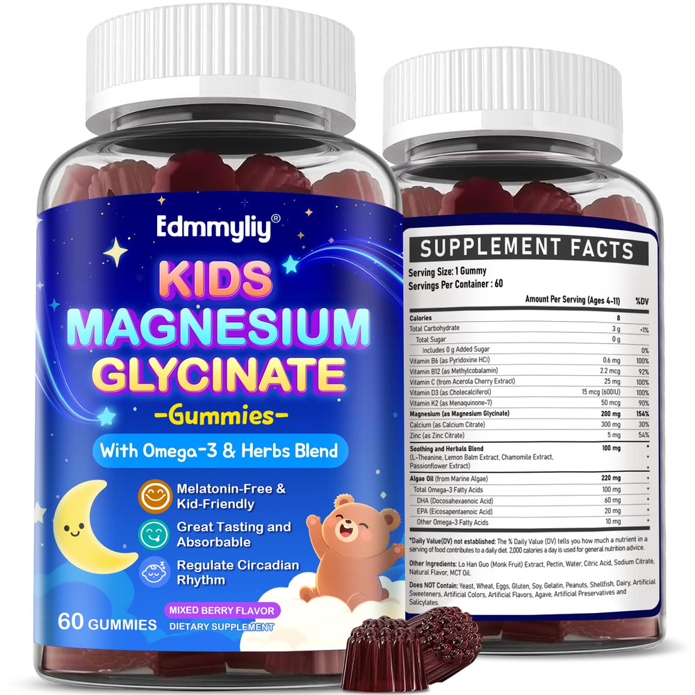 Edmmyliy Kids Magnesium Glycinate Gummies bottle supports calming bedtime routines.
