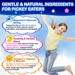 Edmmyliy Kids Magnesium Glycinate Gummies packaging highlights sugar-free vegan Non-GMO.