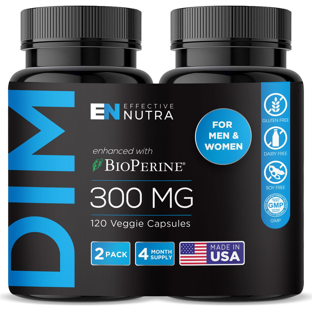 Effective Nutra DIM 300mg bottle shows premium formula and dosage.