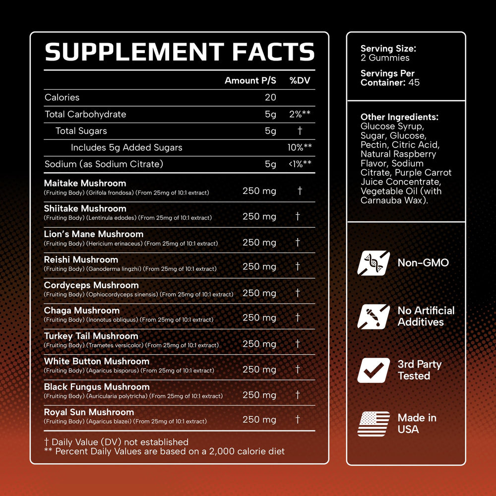 Effective Nutra Mushroom Gummies vegan label indicating plant-based, gluten-free ingredients.