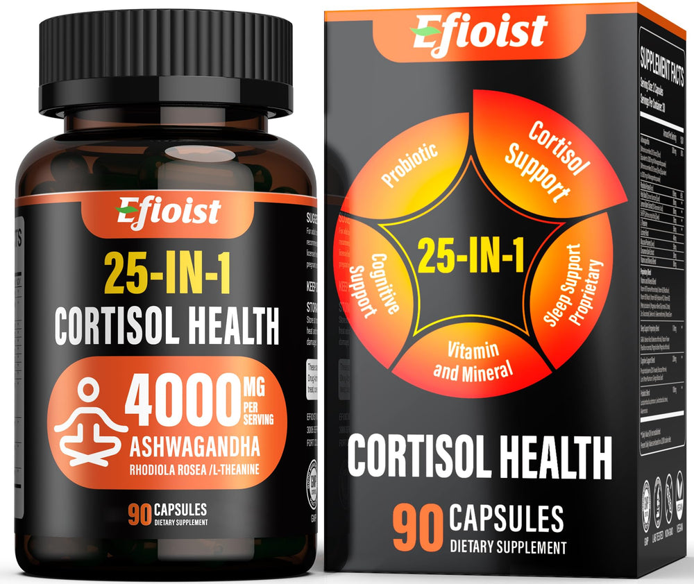 Efioist Cortisol Supplement bottle front shows 90 capsules for daily wellbeing support