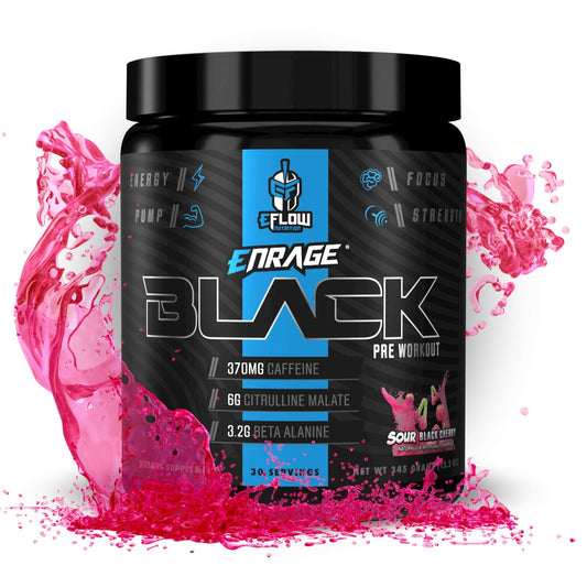 eFlow Nutrition Enrage Black bottle front view highlights bold label and high stimulation.
