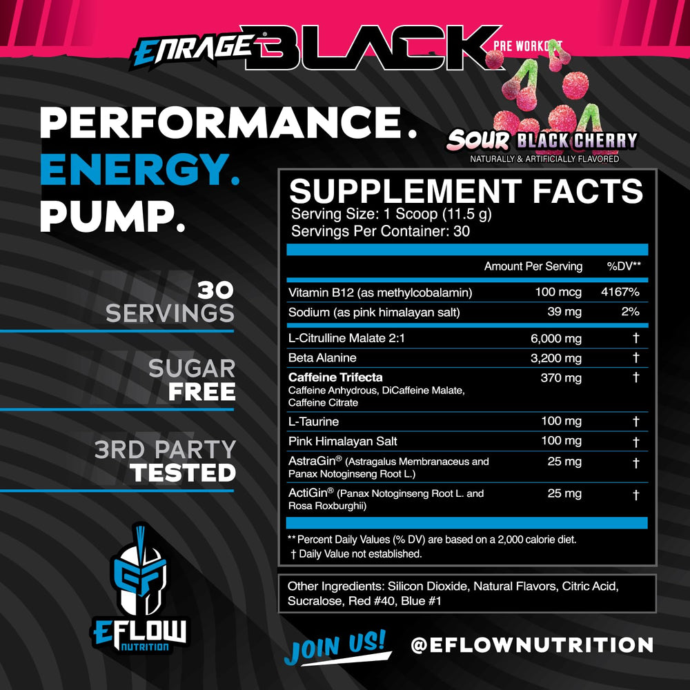 eFlow Nutrition Enrage Black scoop close-up shows serving size for energizing workouts.