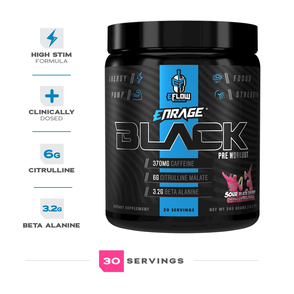 eFlow Nutrition Enrage Black tub with Sour Black Cherry flavor swatches.