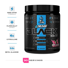 eFlow Nutrition Enrage Black tub with Sour Black Cherry flavor swatches.