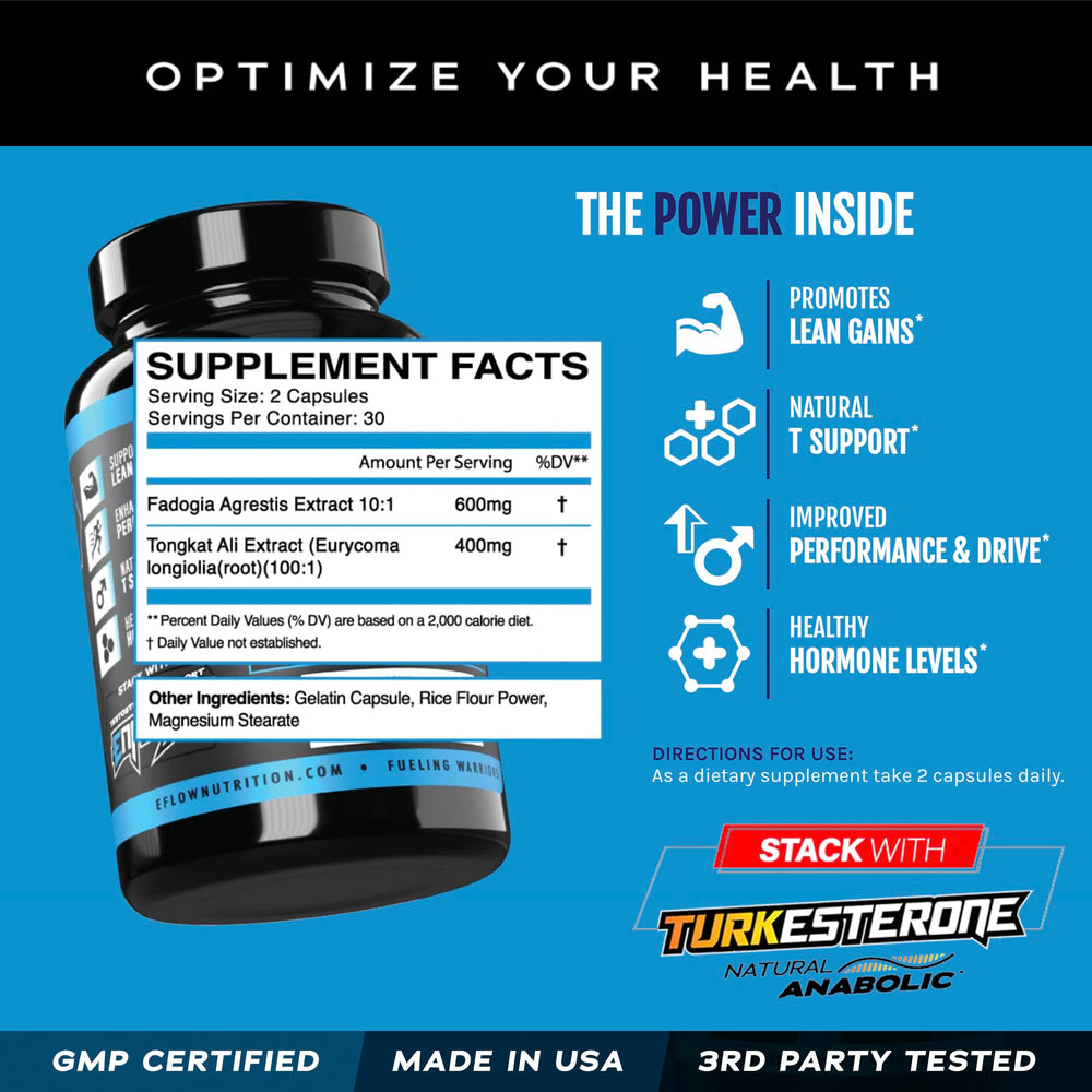 eFlow Nutrition herbal ingredients Fadogia Agrestis and Tongkat Ali in capsule form