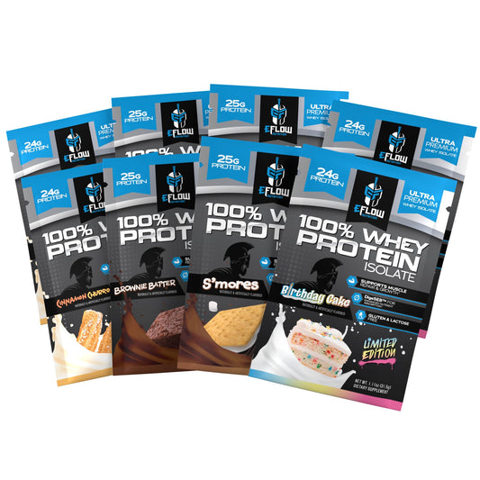 eflow Nutrition Whey sample pack front view for convenient travel and sampling