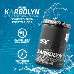 EFX Karbolyn Fuel label closeup confirms sugar-free, stimulant-free ingredients for clean energy.