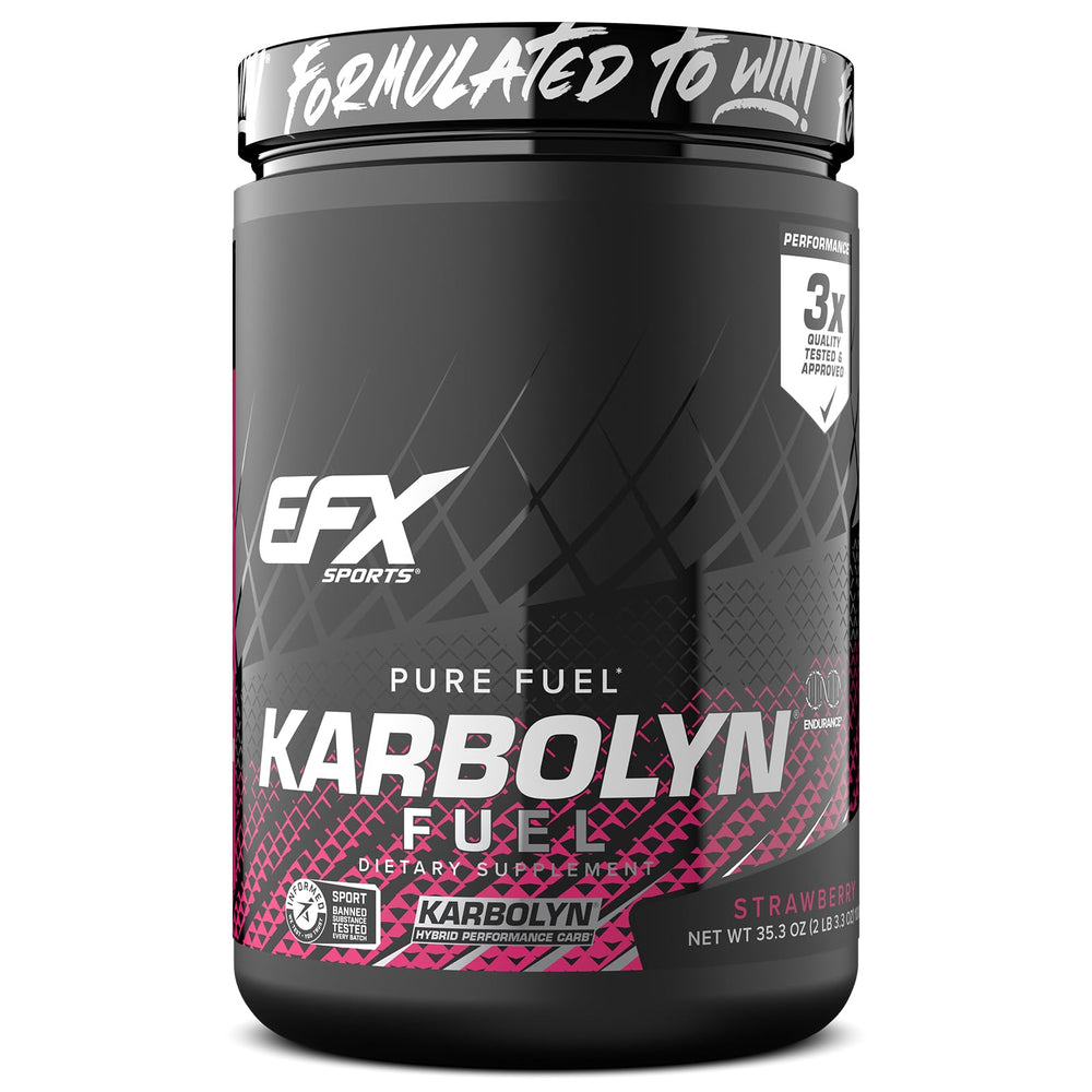 EFX Karbolyn Fuel strawberry tub shown for fast energy before workouts