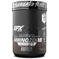 EFX Sports Aminozorb Elite 21 bottle with orange splash label signaling full spectrum amino support.