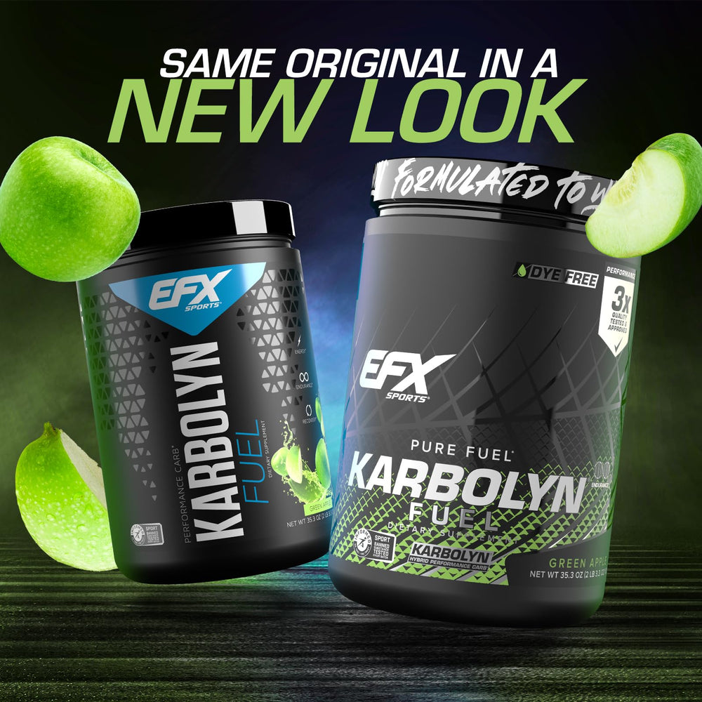 Close-up of EFX Sports Karbolyn Fuel bottle highlights stimulant-free carbohydrate source.