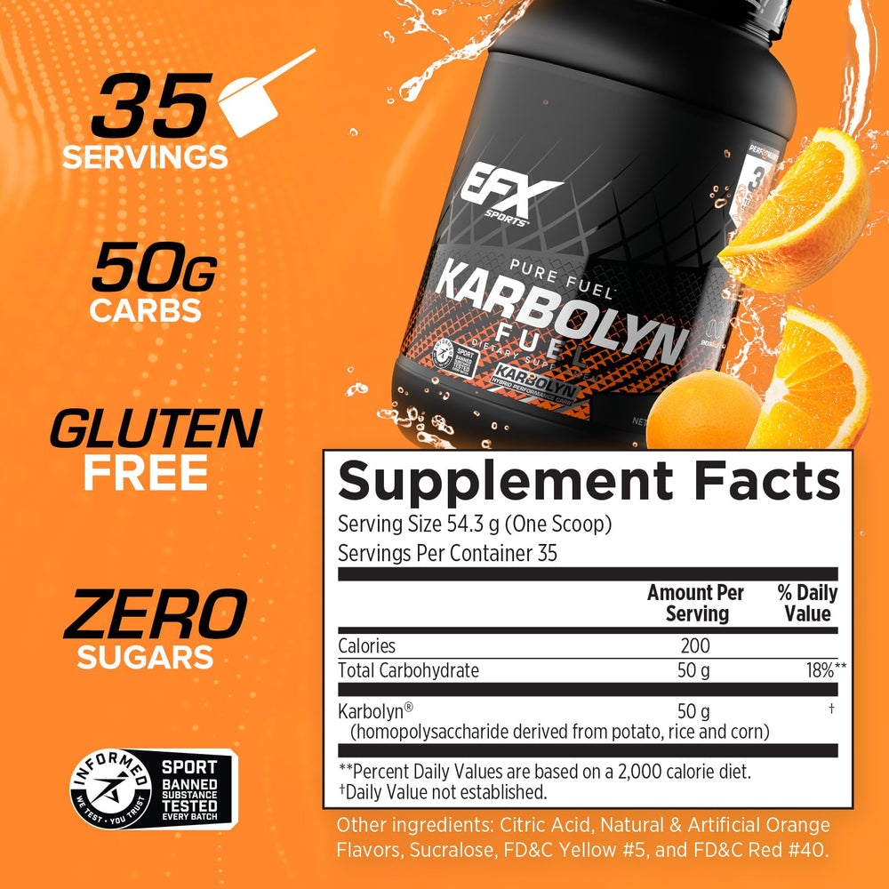 EFX Sports Karbolyn Fuel scoop with label, highlighting clean carbohydrate source.