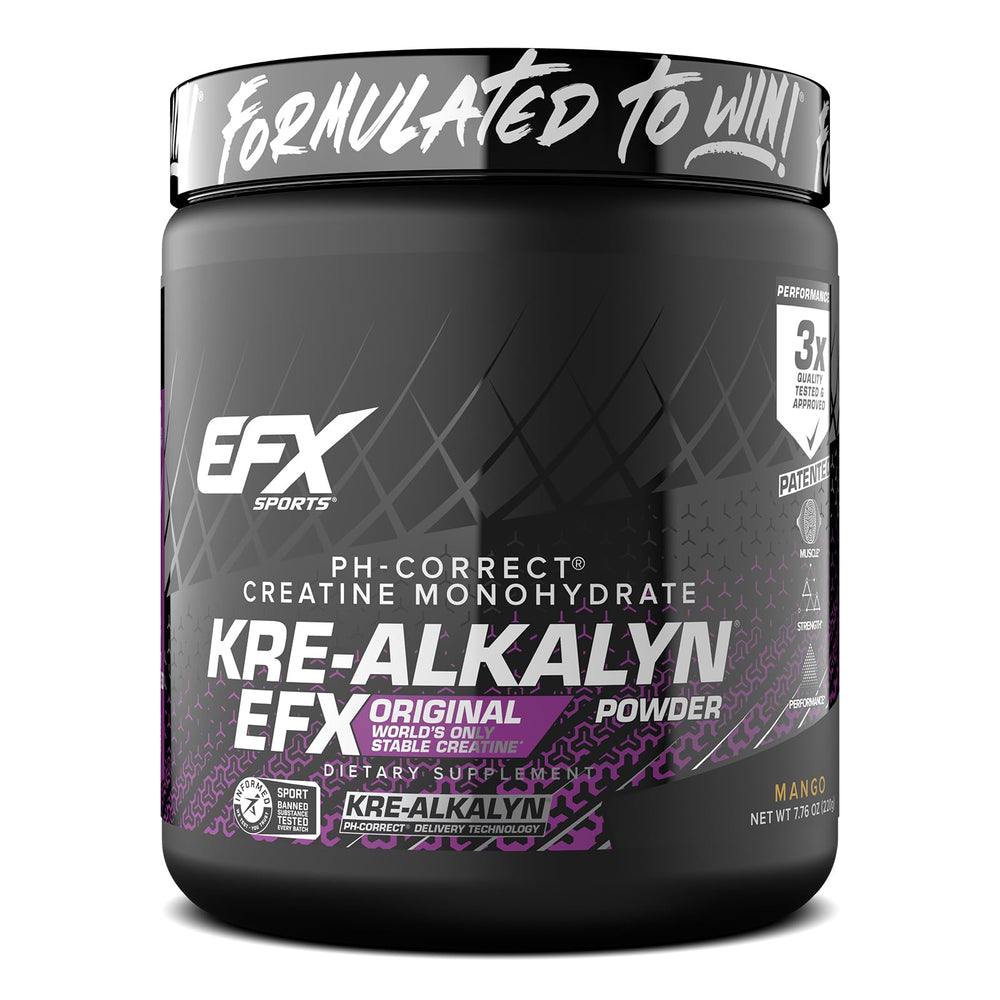 EFX Kre-Alkalyn EFX Powder bottle with mango flavor and premium design.