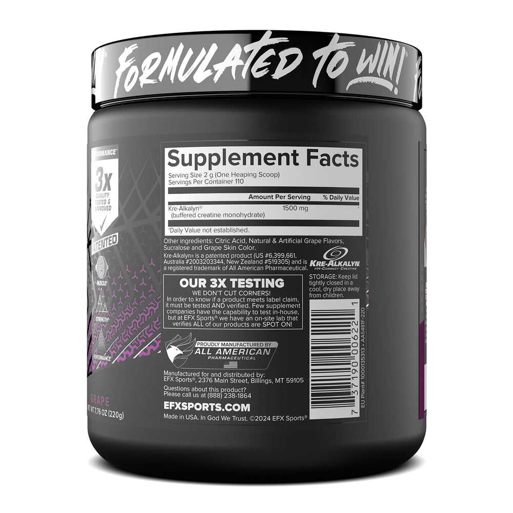 Kre-Alkalyn EFX powder on gym bench ready for training.