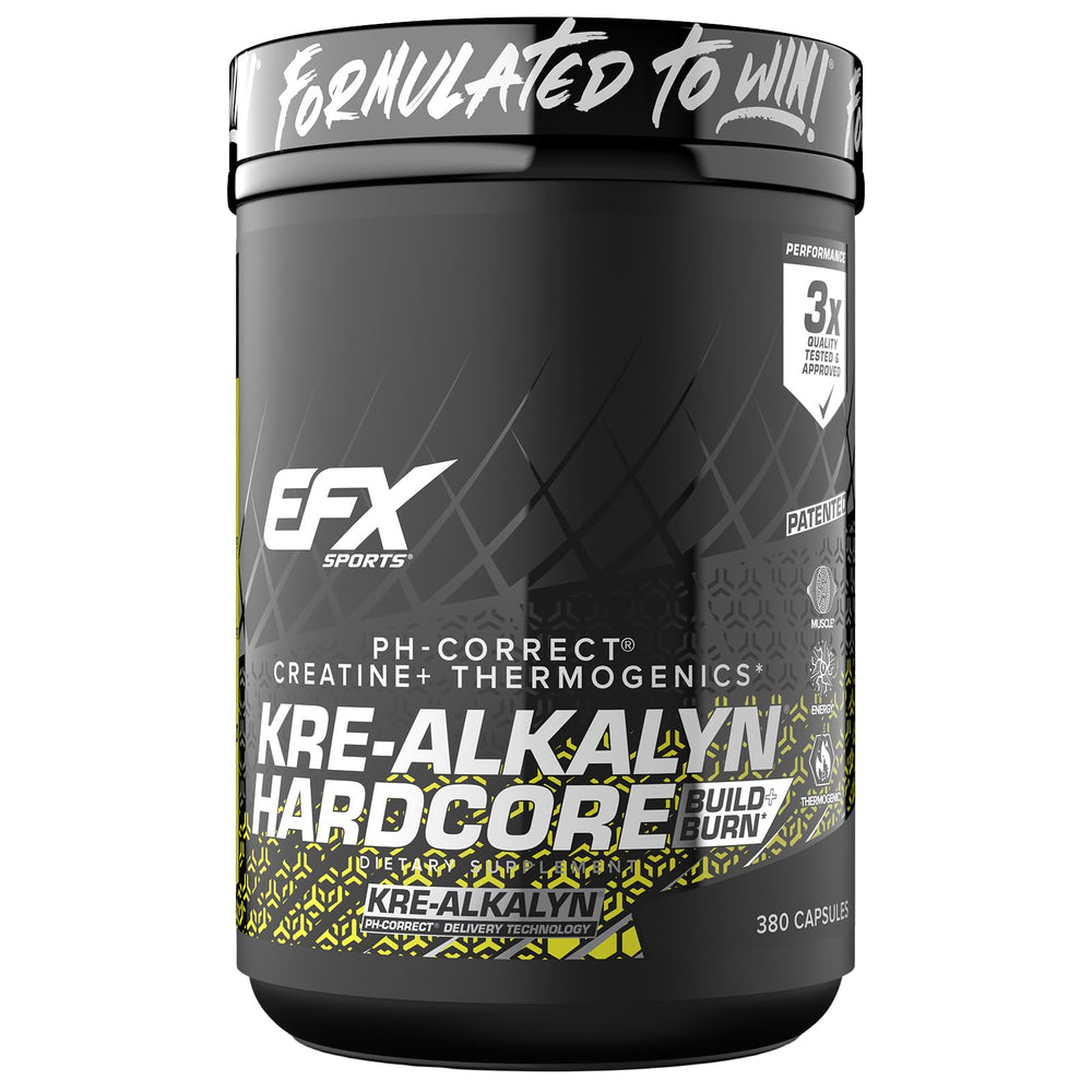 EFX Sports Kre-Alkalyn Hardcore bottle front for high-energy training sessions