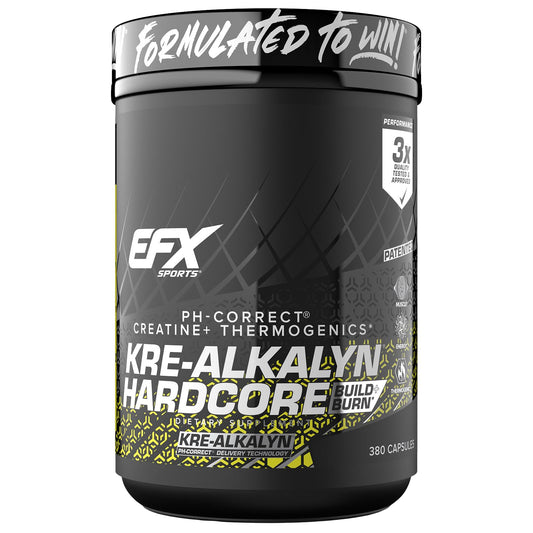 EFX Sports Kre-Alkalyn Hardcore bottle front for high-energy training sessions