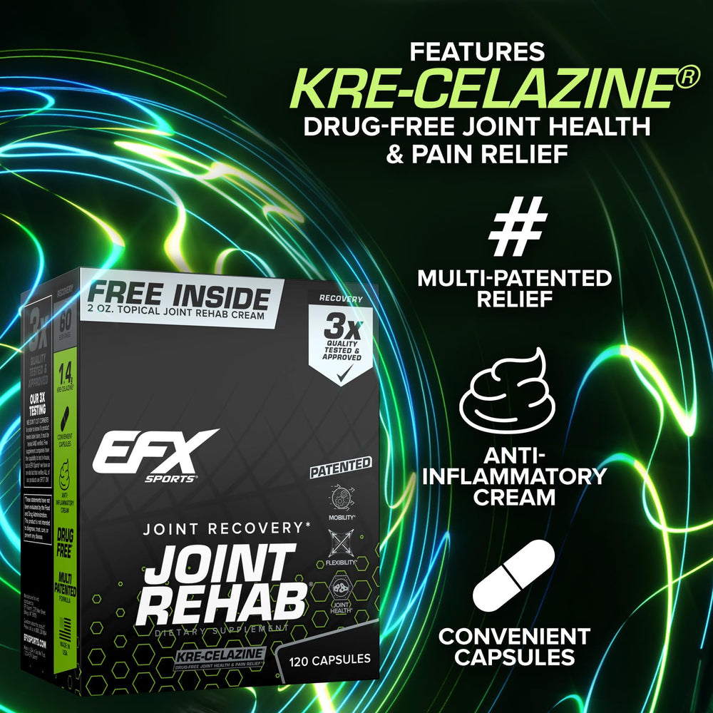 EFX Sports Kre-Celazine bottle highlights patented matrix for internal joint health.