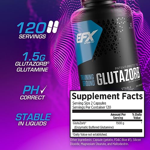 EFX Training Ground Glutazorb caps label closeup highlights vegan, dye-free formulation.