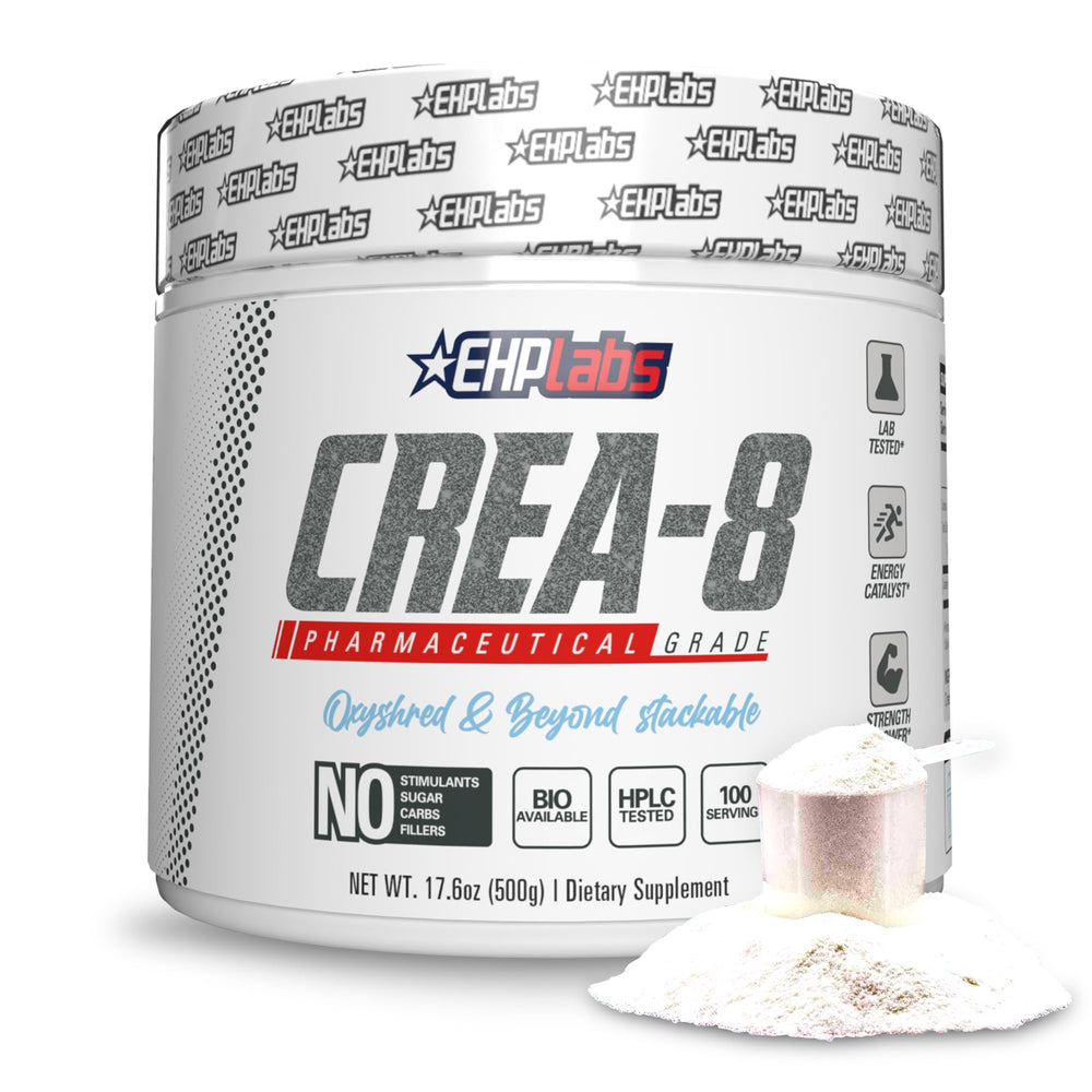EHP Labs CREA-8 tub front shows pure micronized creatine for muscle support