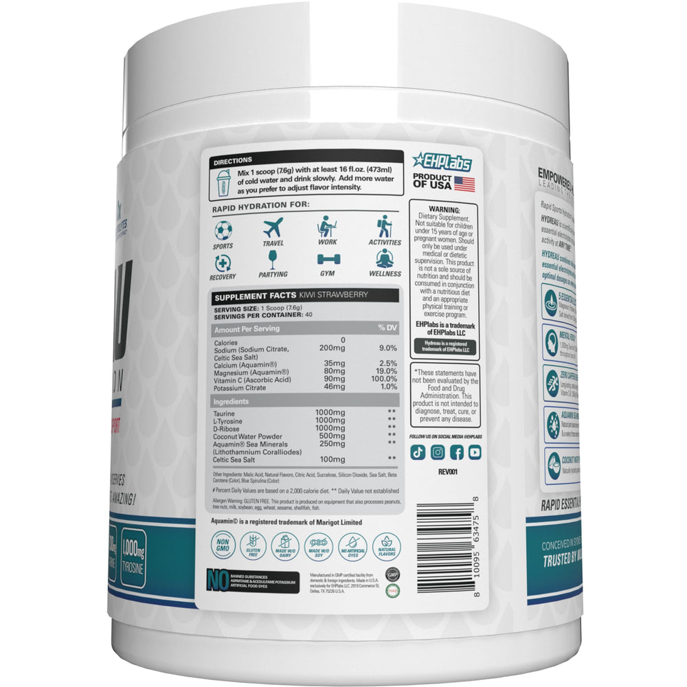 EHP Labs Hydreau pack close-up emphasizes convenient travel packaging.