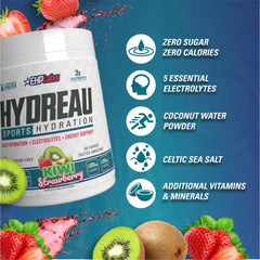 EHP Labs Hydreau kiwi strawberry tub front showcases a sugar-free formula.