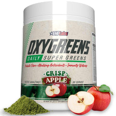 EHP Labs OxyGreens bottle and scoop for convenient daily veggie intake.