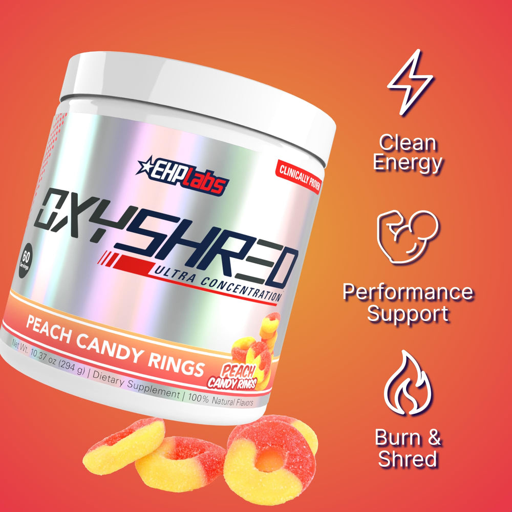 Scoop of EHP Labs OxyShred Peach Candy Rings ready for mixing