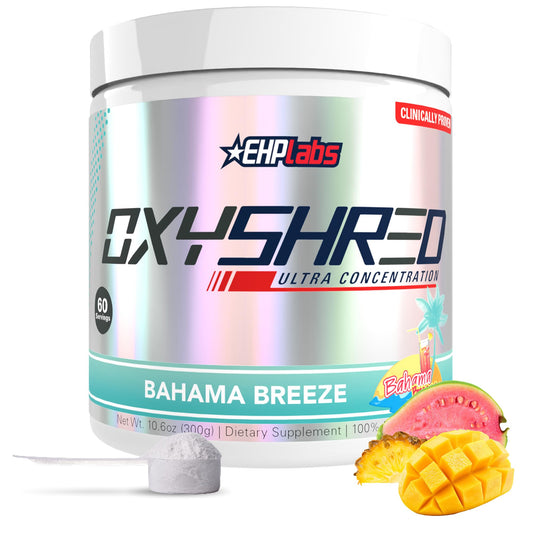 EHP Labs OxyShred Bahama Breeze tub label highlighting tropical energy appeal.