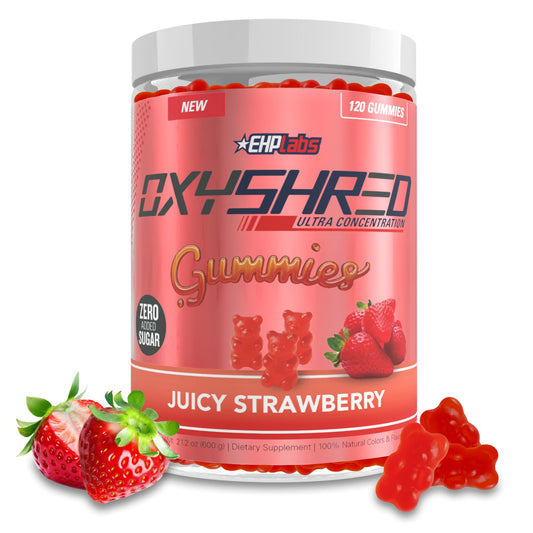 EHP Labs OxyShred Gummies bottle front, strawberry flavor and clean energy
