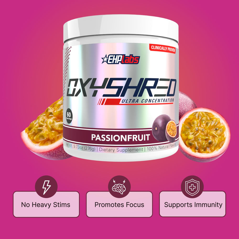 OxyShred Passionfruit energy drink shown for sustained focus during workouts