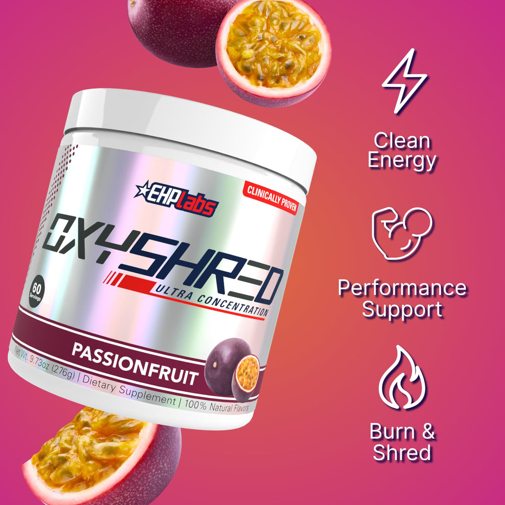EHP Labs OxyShred Passionfruit glass mixer for smooth, quick hydration