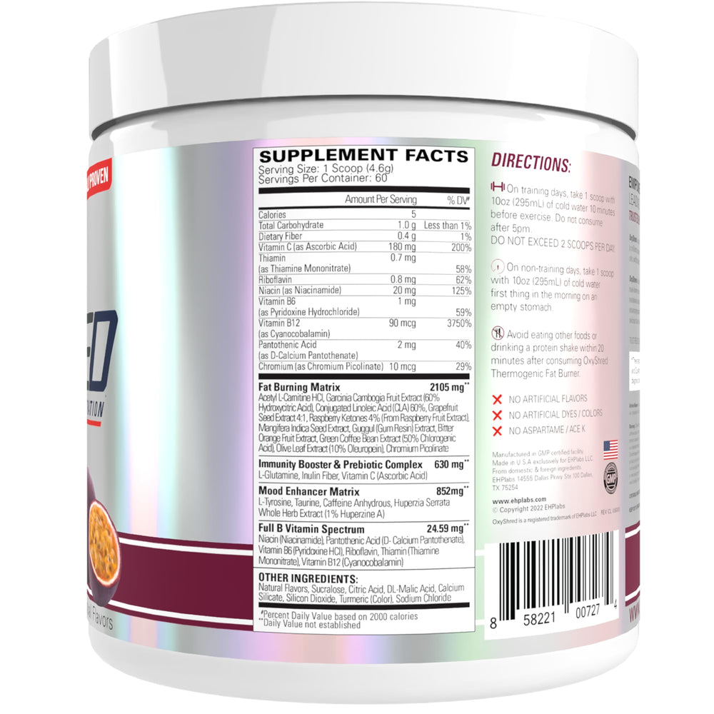 OxyShred Passionfruit ingredients panel featuring L Glutamine and Acetyl L Carnitine
